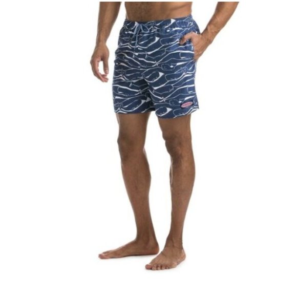 Vineyard Vines Wooden Whale Chappy Blue Lined Swim Trunks Large - Picture 5 of 8